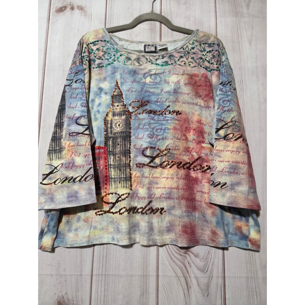 Take Two Clothing Co London Graphic Sequin Top Womens 2X Cotton Blue Red Yellow